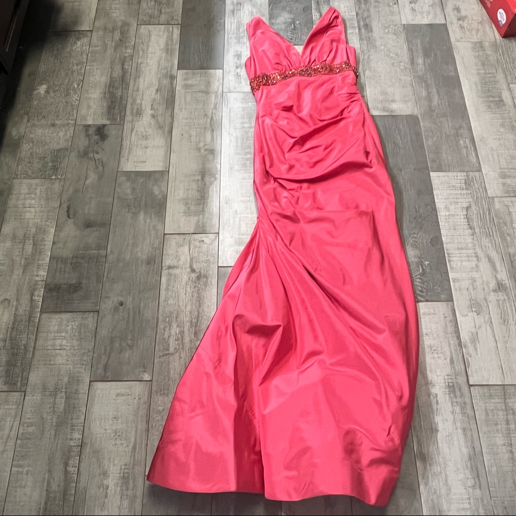 Teri Jon Pink Silk Sequin V Neck Back Waist Embellishment Ruched Evening Dress 4